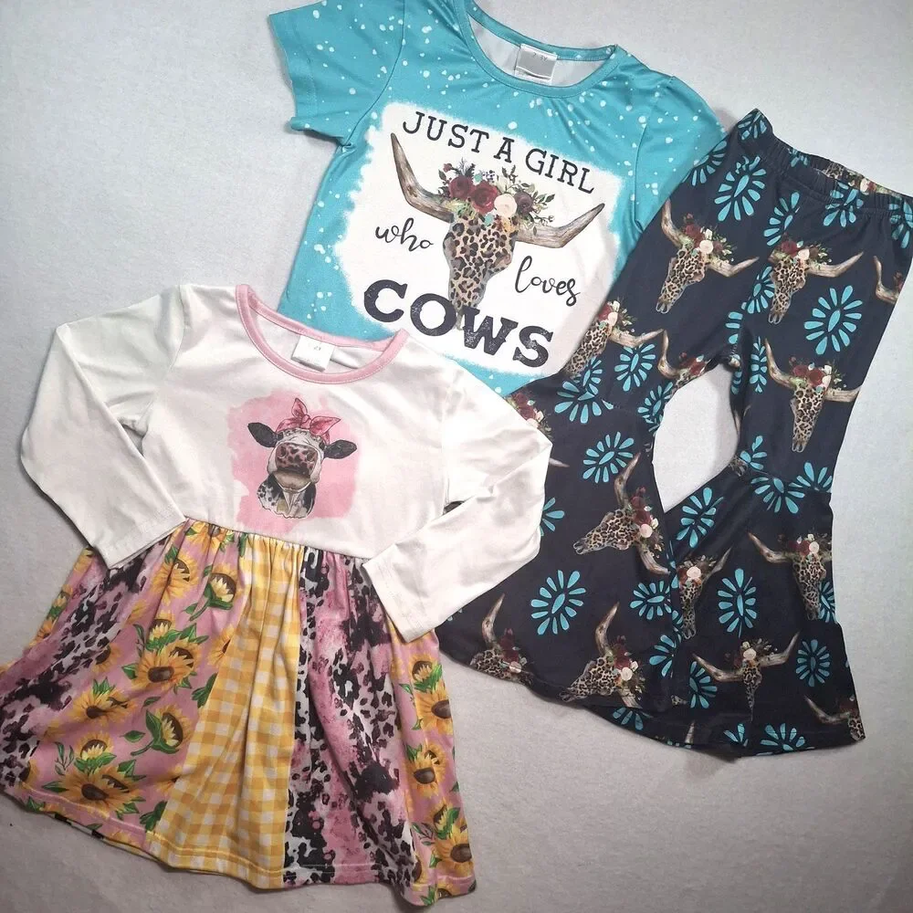 Toddler Girls Western Boutique Cow Bundle: Flare Pants Set & Patchwork Dress